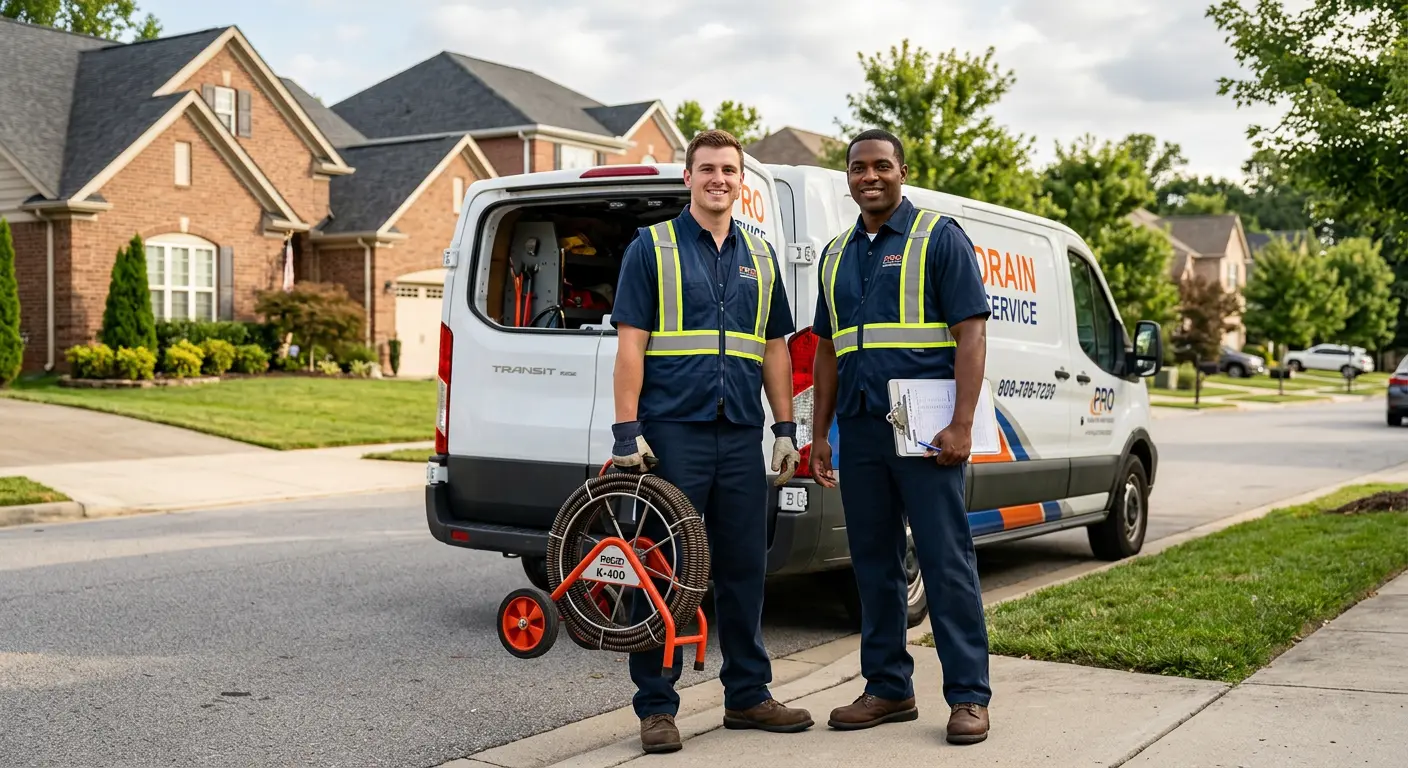 Sewer and drain service team with equipment ready for work in Pendleton