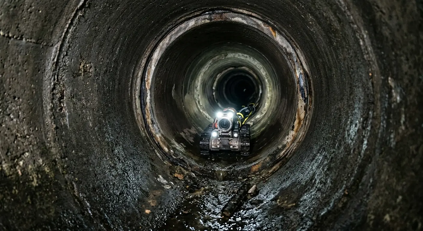 Robotic sewer camera inspecting pipe interior for Sewer Line Cleaning in Pendleton
