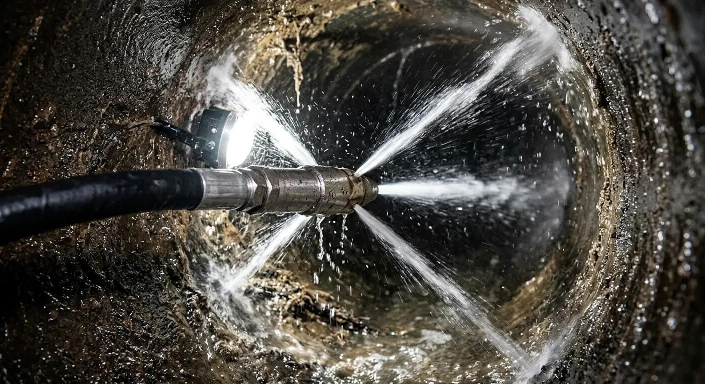 High-pressure hydro jetting nozzle cleaning sewer pipe for Sewer Cleanout in Pendleton