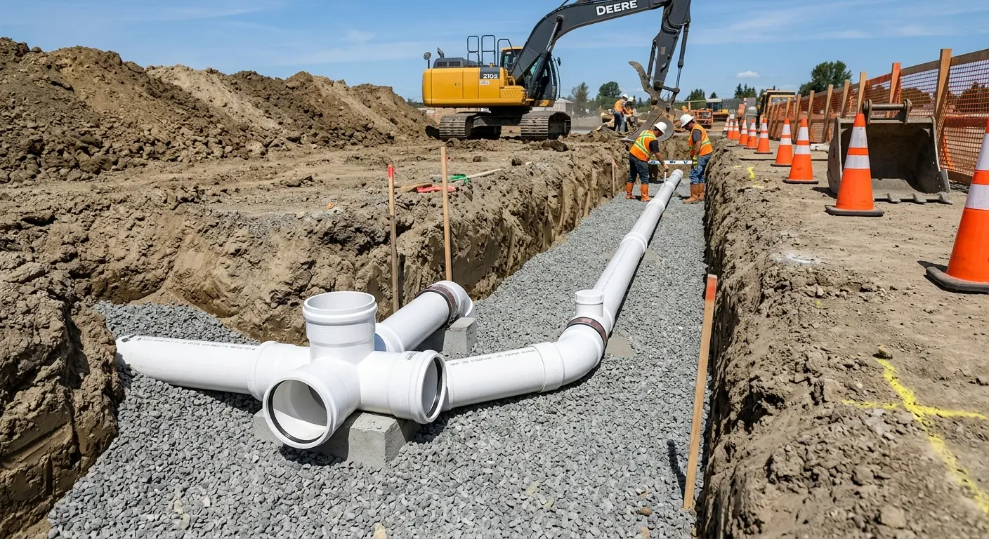 New PVC sewer pipe installation in open trench for Commercial Drain Cleaning in Pendleton